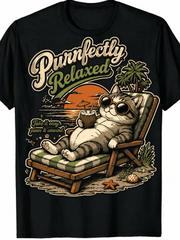Feline Good Cat Reading Book Glasses Sun Chair Print T-Shirt | Relaxed Fit, Short Sleeve, Casual, Breathable, Soft, Summer Spring Fall Essential - Unique Gift Idea for Men, Humorous Tops
