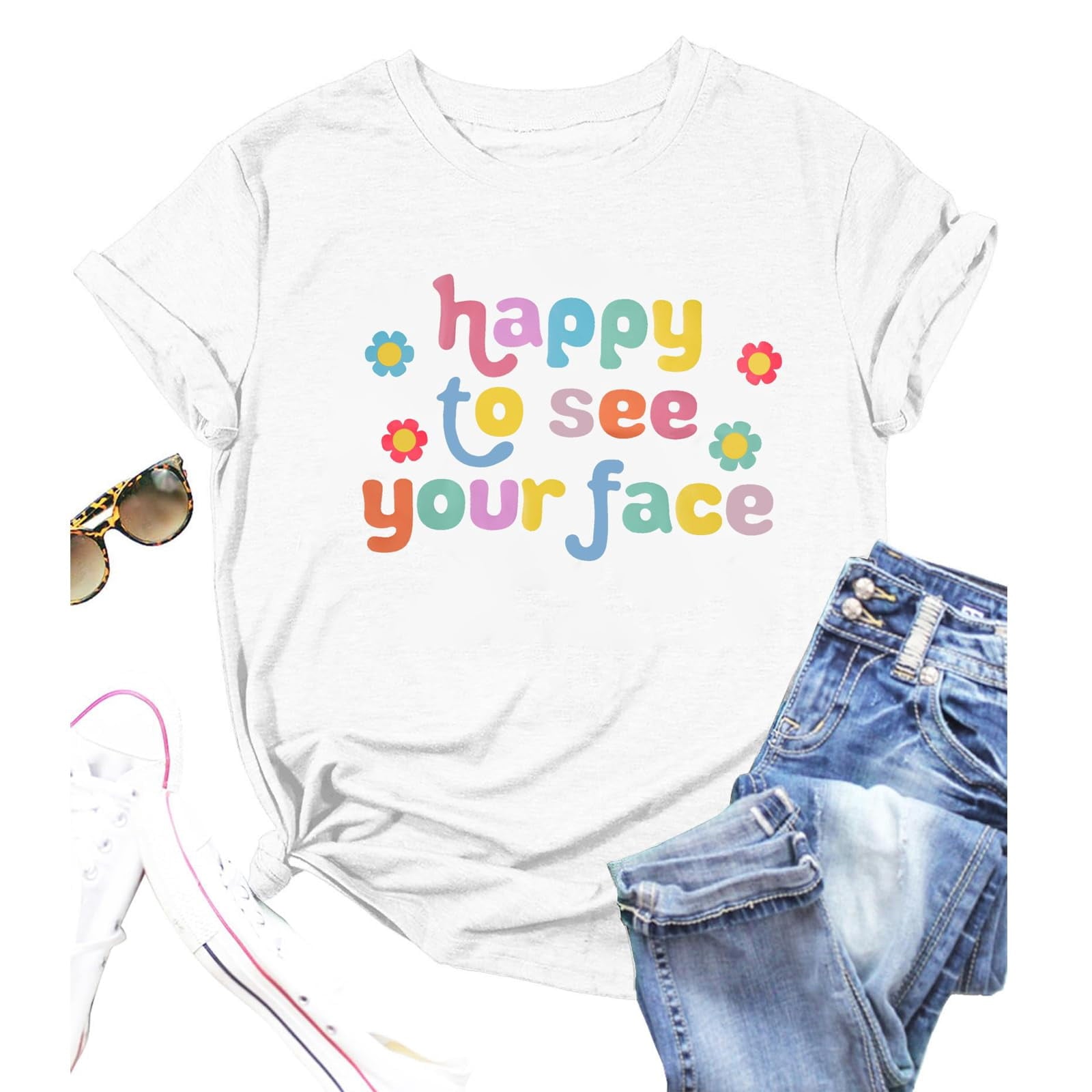 First Day of School Shirt Happy to See Your Face Shirt Casual Crew Neck Teacher Tee Women Tshirts