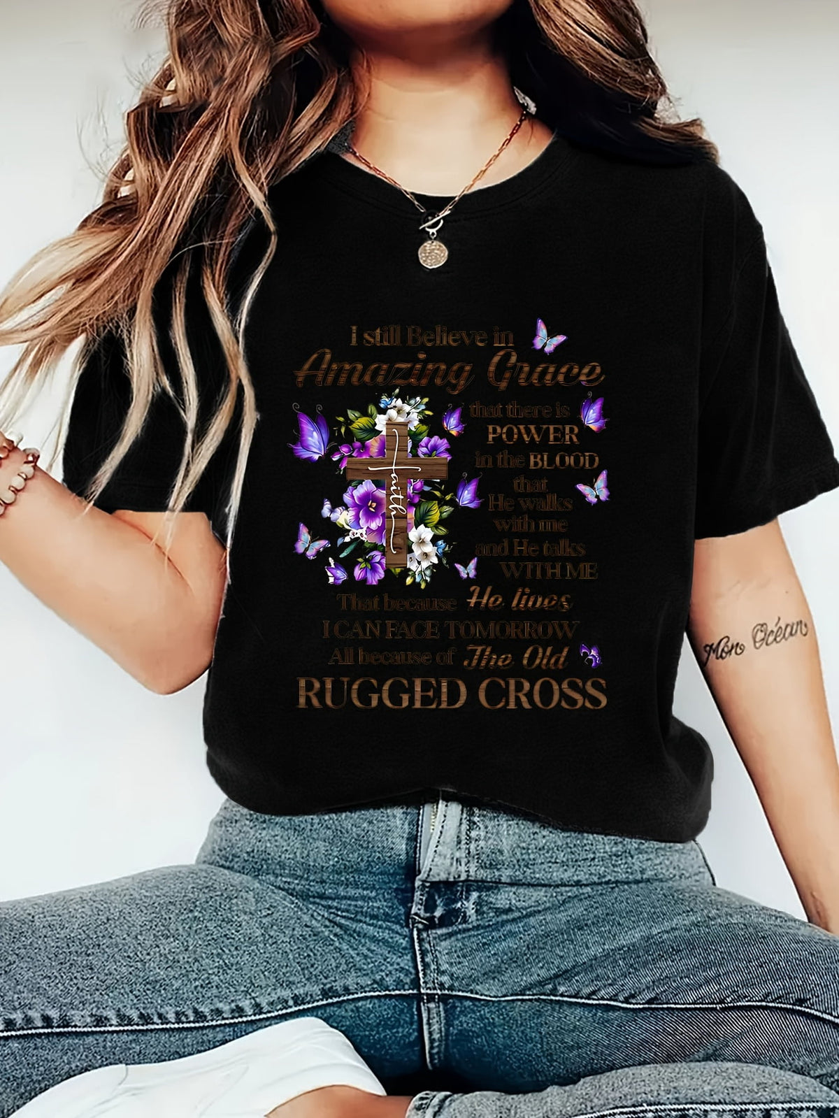 Floral Cross Butterfly Print Women Christian Faith Inspirational Graphic T-Shirt