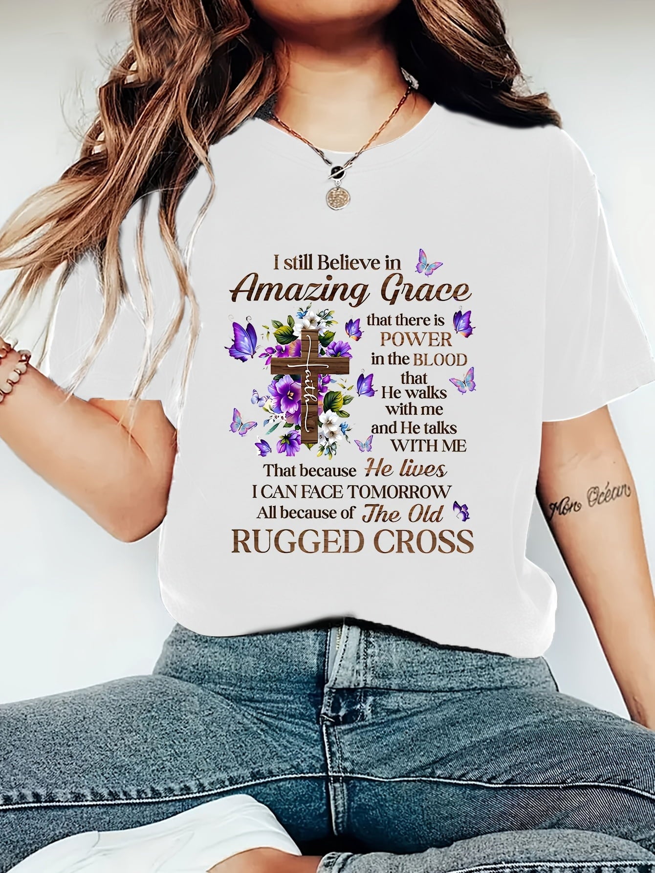 Floral Cross Butterfly Print Women Christian Faith Inspirational Graphic T-Shirt