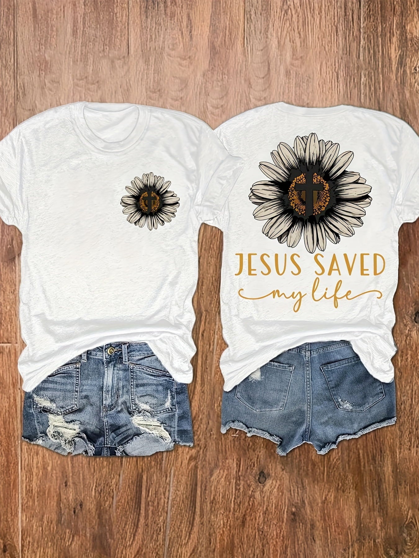 Floral Cross Print T-shirt, Short Sleeve Crew Neck Casual Top for Summer & Spring, Women's Clothing
