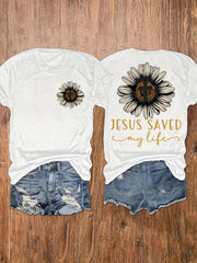 Floral Cross Print T-shirt, Short Sleeve Crew Neck Casual Top for Summer & Spring, Women's Clothing