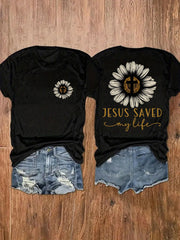 Floral Cross Print T-shirt, Short Sleeve Crew Neck Casual Top for Summer & Spring, Women's Clothing