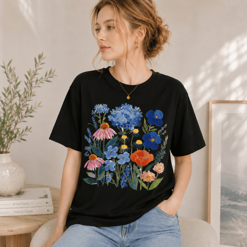 Floral Graphic T-Shirt Women Boho Fairycore Summer Cotton Tee