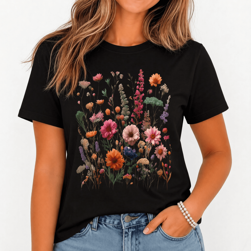 Floral Graphic T-Shirt Women Boho Fairycore Wildflower Summer Tee-100% Cotton