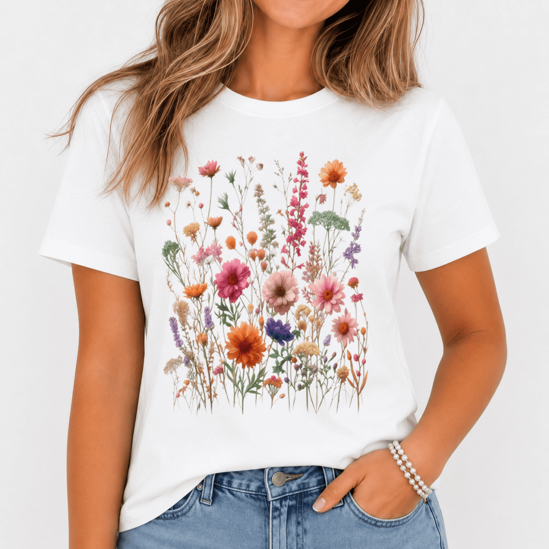 Floral Graphic T-Shirt Women Boho Fairycore Wildflower Summer Tee-100% Cotton