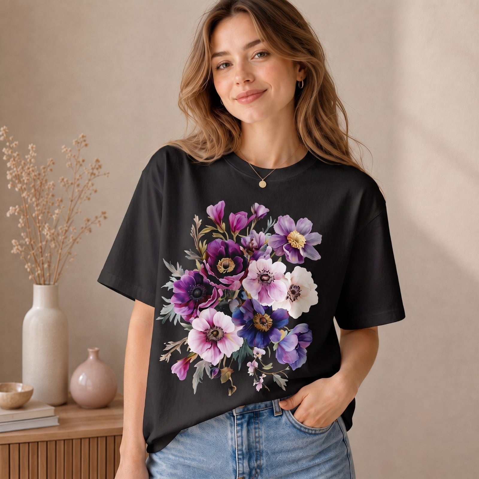Floral T-Shirt Women Graphic Tee Aesthetic Flower Bouquet Print Top