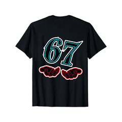 Funny 67 Meme T-Shirt, 67 Number Joke with 6 & 7 Hands Print, 100% Cotton Gift Idea for Birthdays Parties (Black)