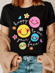 Funny Cartoon Joyful Face Printed T-Shirt, Back to Teacher T-Shirt, Happy to See Your Face T-Shirt, Teacher Life T-Shirt, Teacher Appreciation Gift, Teacher's Day Gift