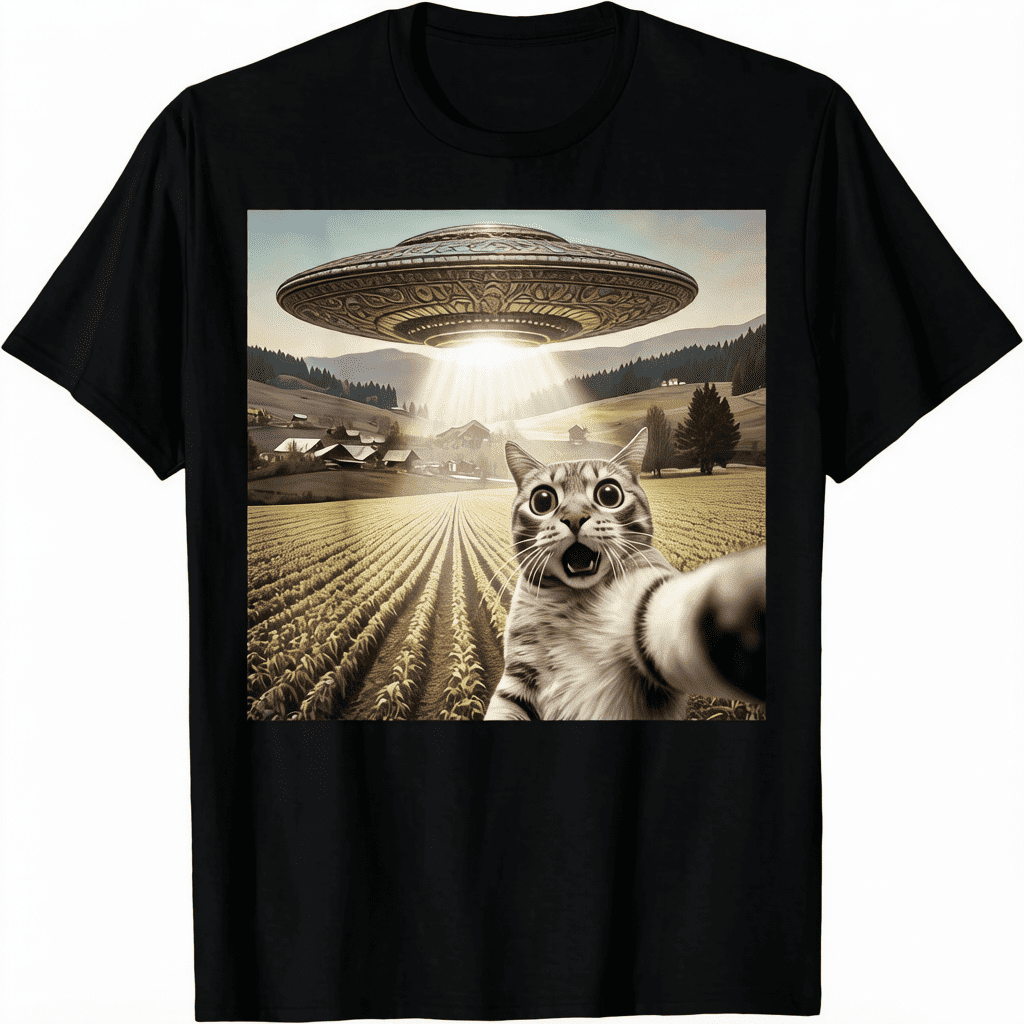 Funny Design Cat Selfie With An Alien UFO Theme Unisex T-Shirt
