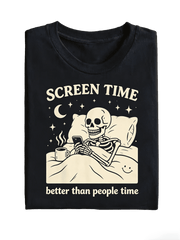 Funny Introvert Skeleton Graphic Tee Screen Time Better Than People Time Night Bed Phone Coffee Crescent Moon Star Print All Seasons Casual Short Sleeve T Shirt