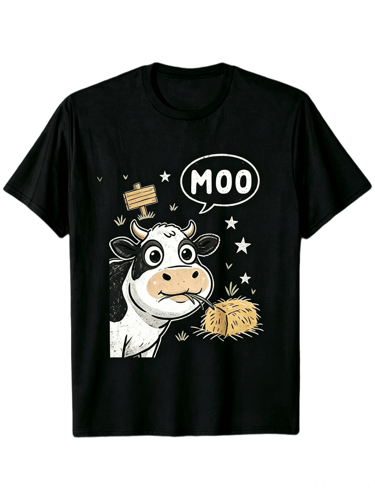 Funny Lazy Cow Eating Hay Short Sleeve Tee, Retro Farm Life Graphic Top for Men Women