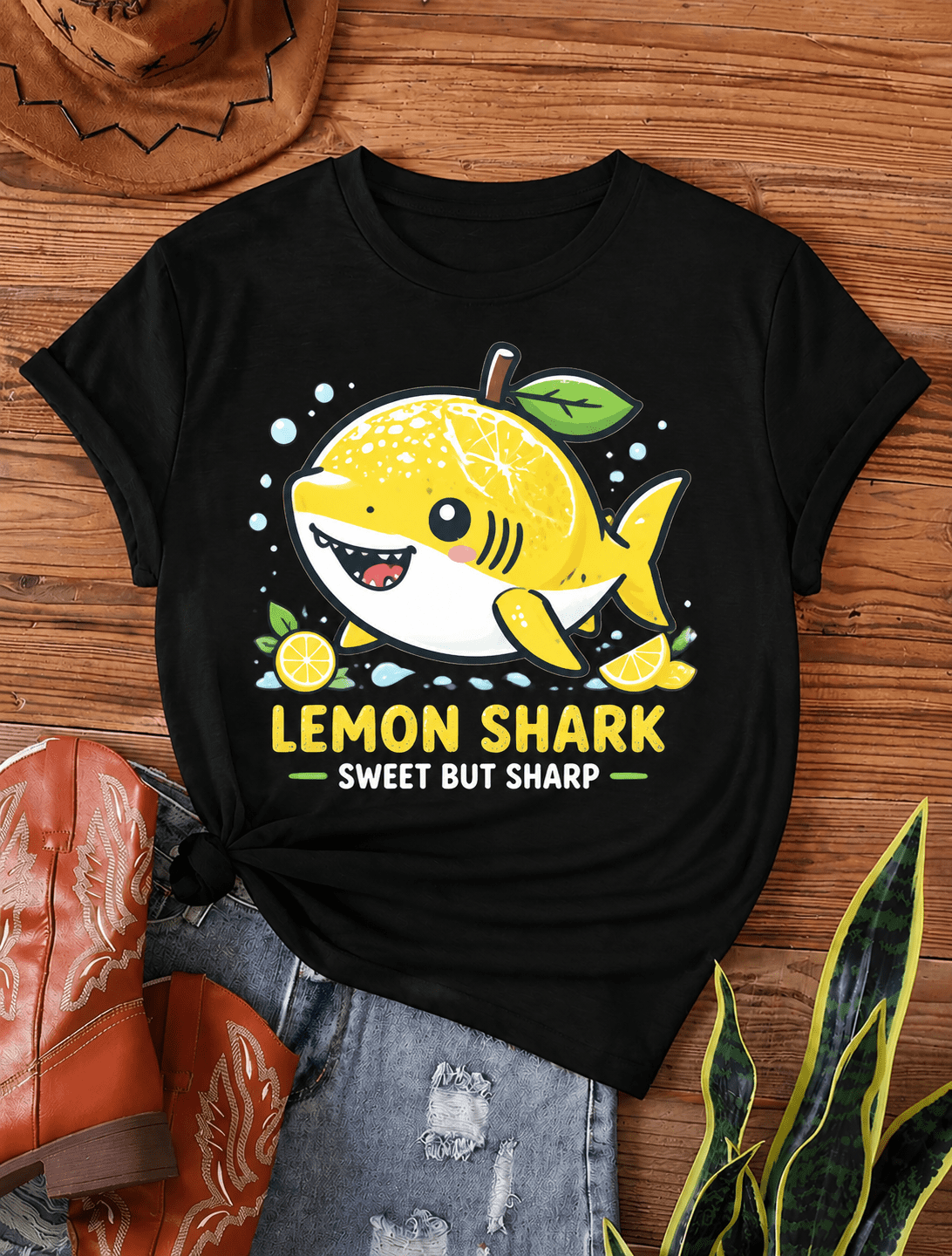 Funny Lemon Shark Graphic T Shirt, Cute Cartoon Ocean Animal Print Short Sleeve Crew Neck Casual Tee for Women Men, Summer Gift Top