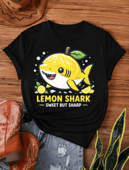 Funny Lemon Shark Graphic T Shirt, Cute Cartoon Ocean Animal Print Short Sleeve Crew Neck Casual Tee for Women Men, Summer Gift Top