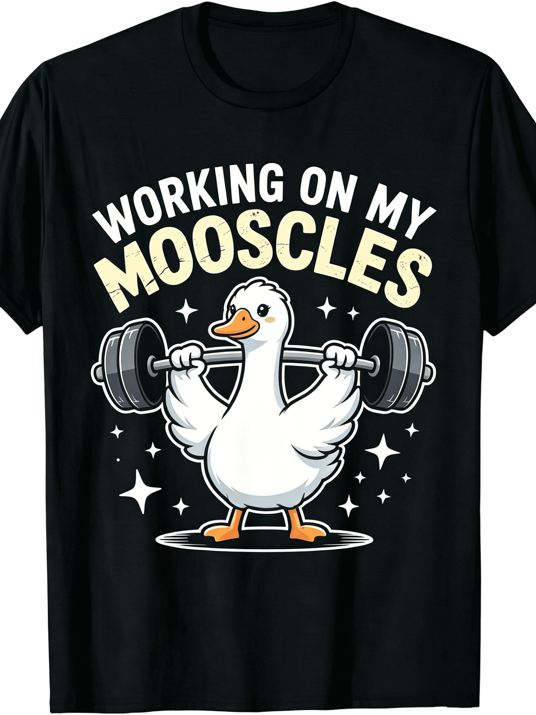 Funny Muscular Goose Lifting Barbell Fitness T-Shirt, Working On My Mooscles Cream Yellow Letter Print Crew Neck Short Sleeve Tee, Gym Workout Lover Casual Top