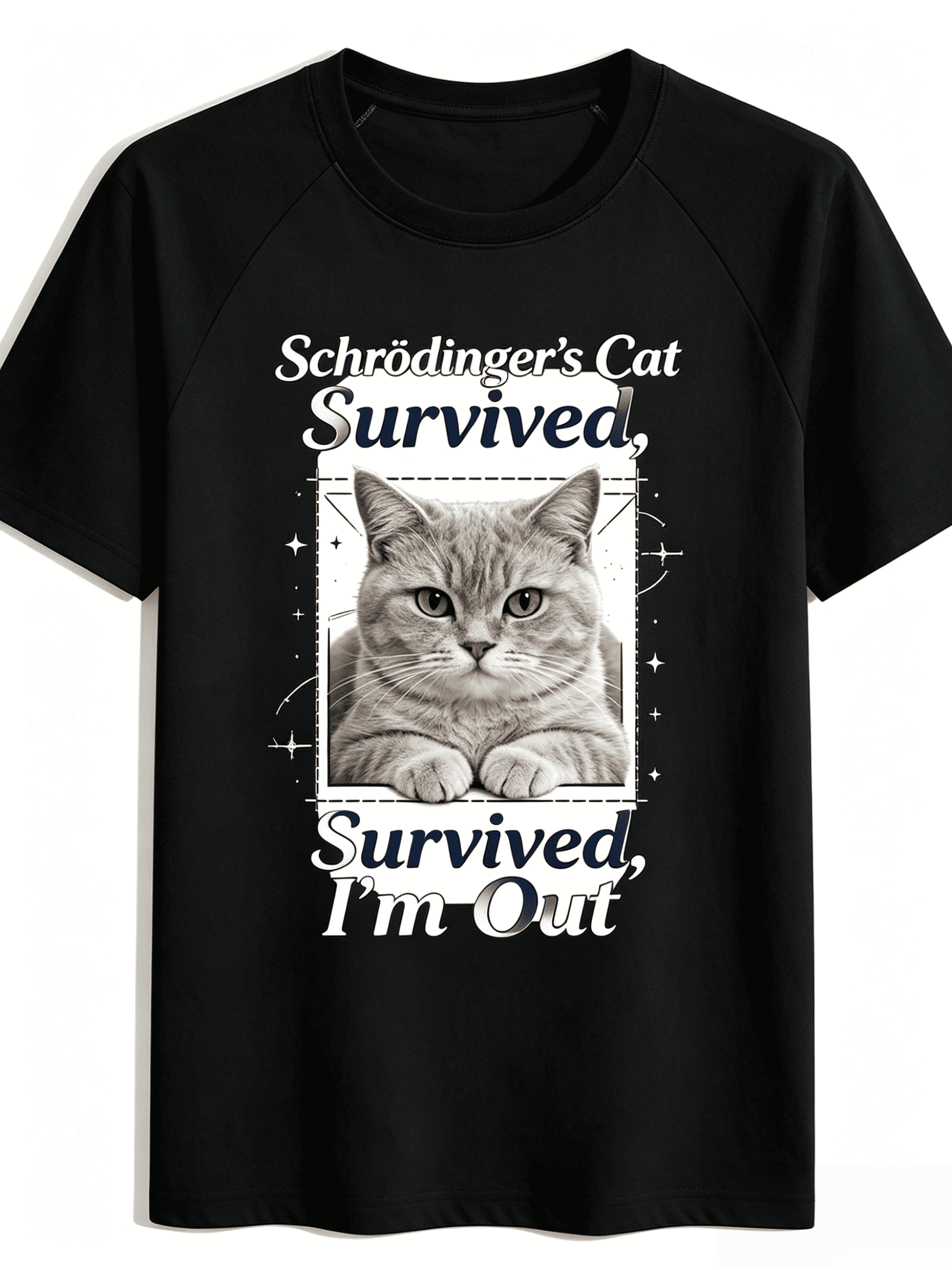 Funny Science Schrödinger Cat Print Crew Neck Black T-Shirt, Light Grey Lazy Cat Graphic Humorous Physics Meme Tee, Comfort Fit Casual Party Top For Meme Lovers