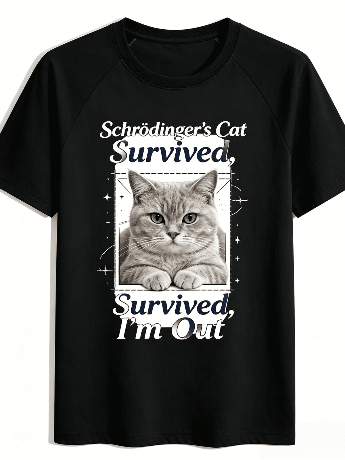 Funny Science Schrödinger Cat Print Crew Neck Black T-Shirt, Light Grey Lazy Cat Graphic Humorous Physics Meme Tee, Comfort Fit Casual Party Top For Meme Lovers