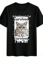Funny Science Schrödinger Cat Print Crew Neck Black T-Shirt, Light Grey Lazy Cat Graphic Humorous Physics Meme Tee, Comfort Fit Casual Party Top For Meme Lovers