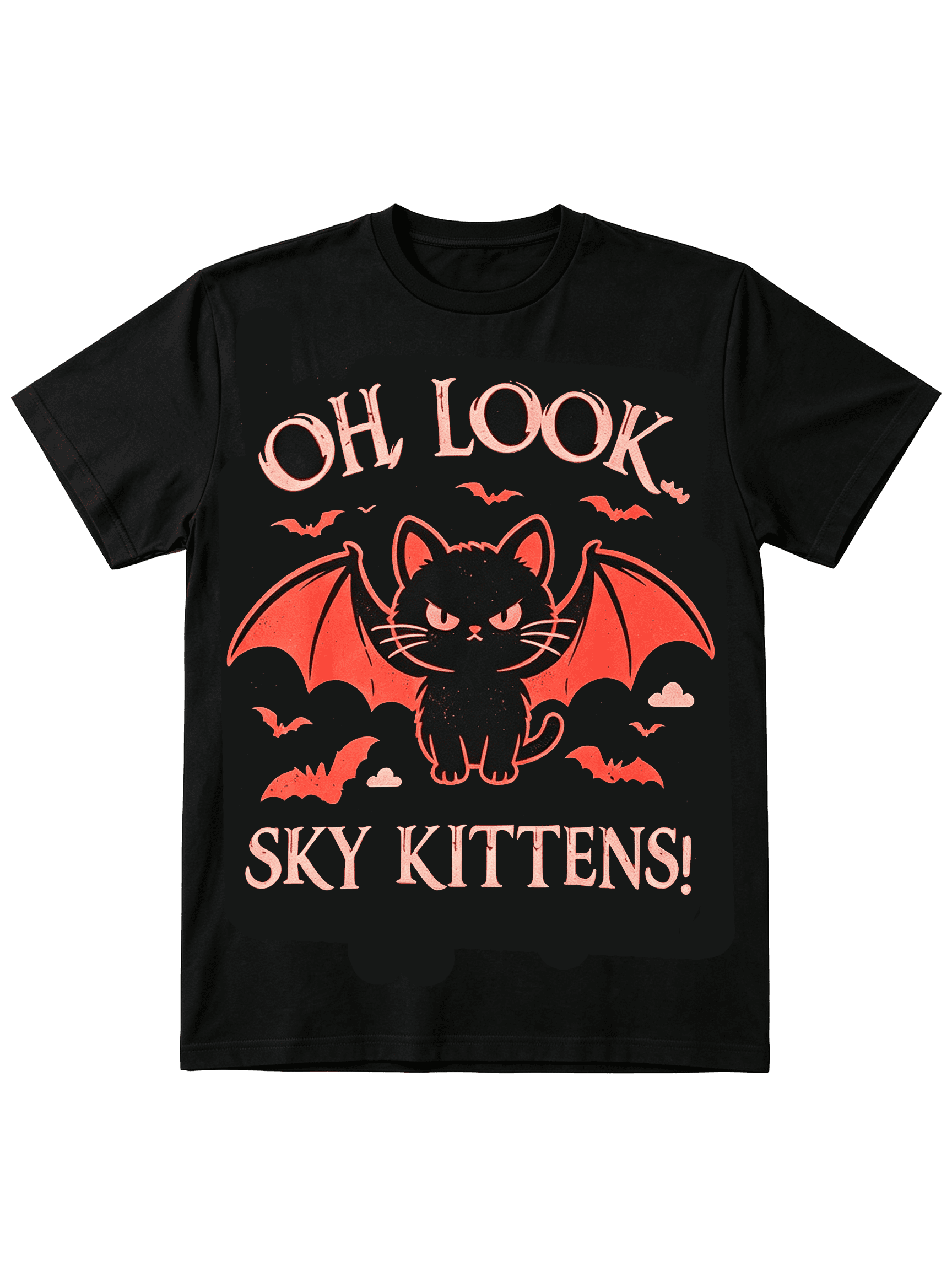 Funny Sky Kittens Bat Cat Cloud Retro Spooky Season Novelty Casual Tee