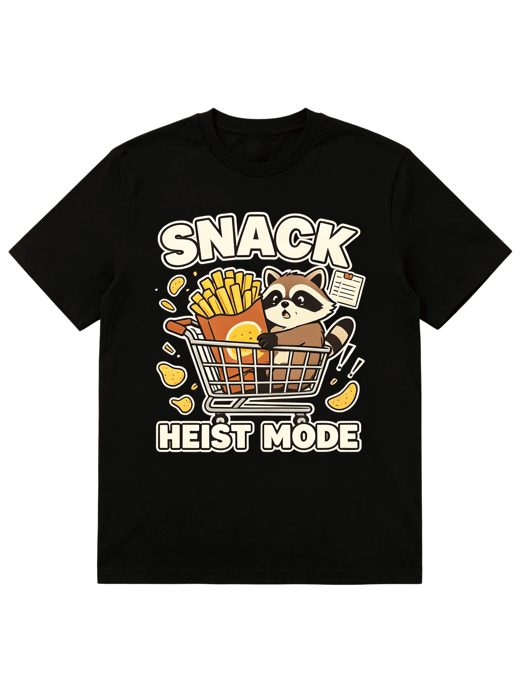 Funny Snack Heist Mode Graphic Tee Cartoon Raccoon Stealing French Fries In Mini Shopping Cart Junk Food Humor Print All Seasons Casual Short Sleeve T Shirt