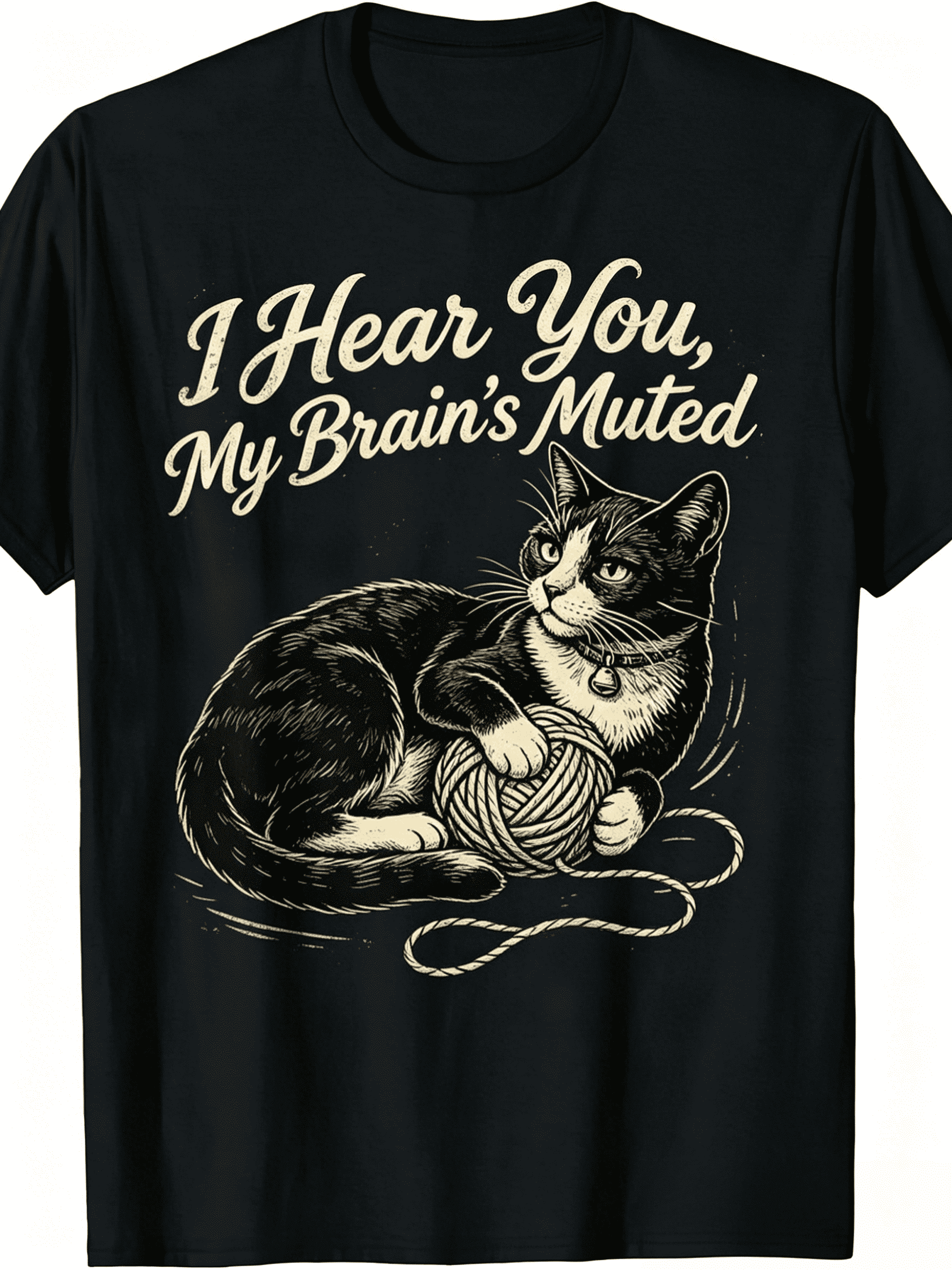Funny T-Shirt " I Hear You, My Brain’s Muted" Lazy cat - Retro Humor Graphic Tee with TLazy cat Print, Machine Washable Casual Shirt Suitable for, Year-Round Wear for Parties & Everyday Outfits
