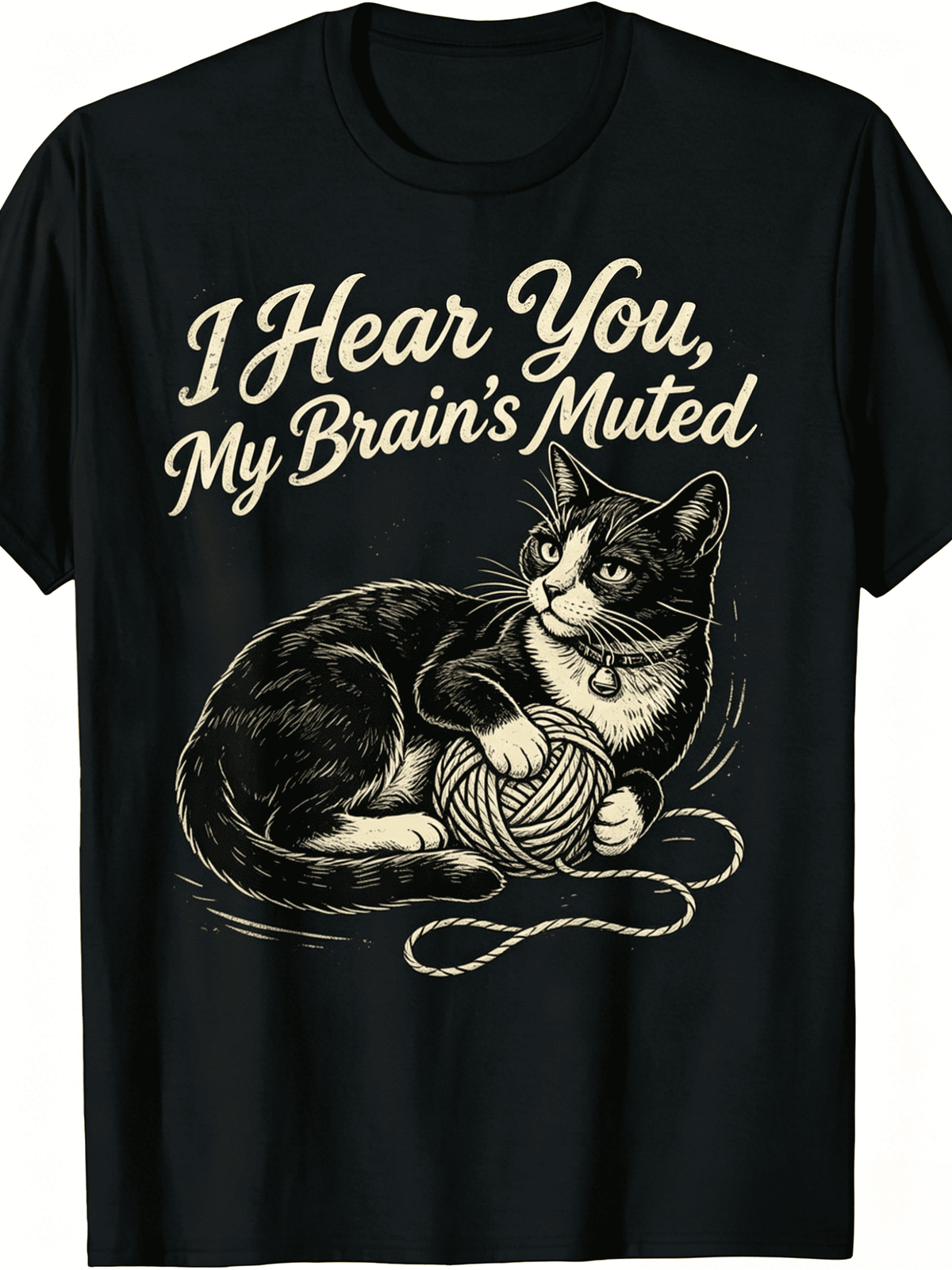 Funny T-Shirt " I Hear You, My Brain’s Muted" Lazy cat - Retro Humor Graphic Tee with TLazy cat Print, Machine Washable Casual Shirt Suitable for, Year-Round Wear for Parties & Everyday Outfits