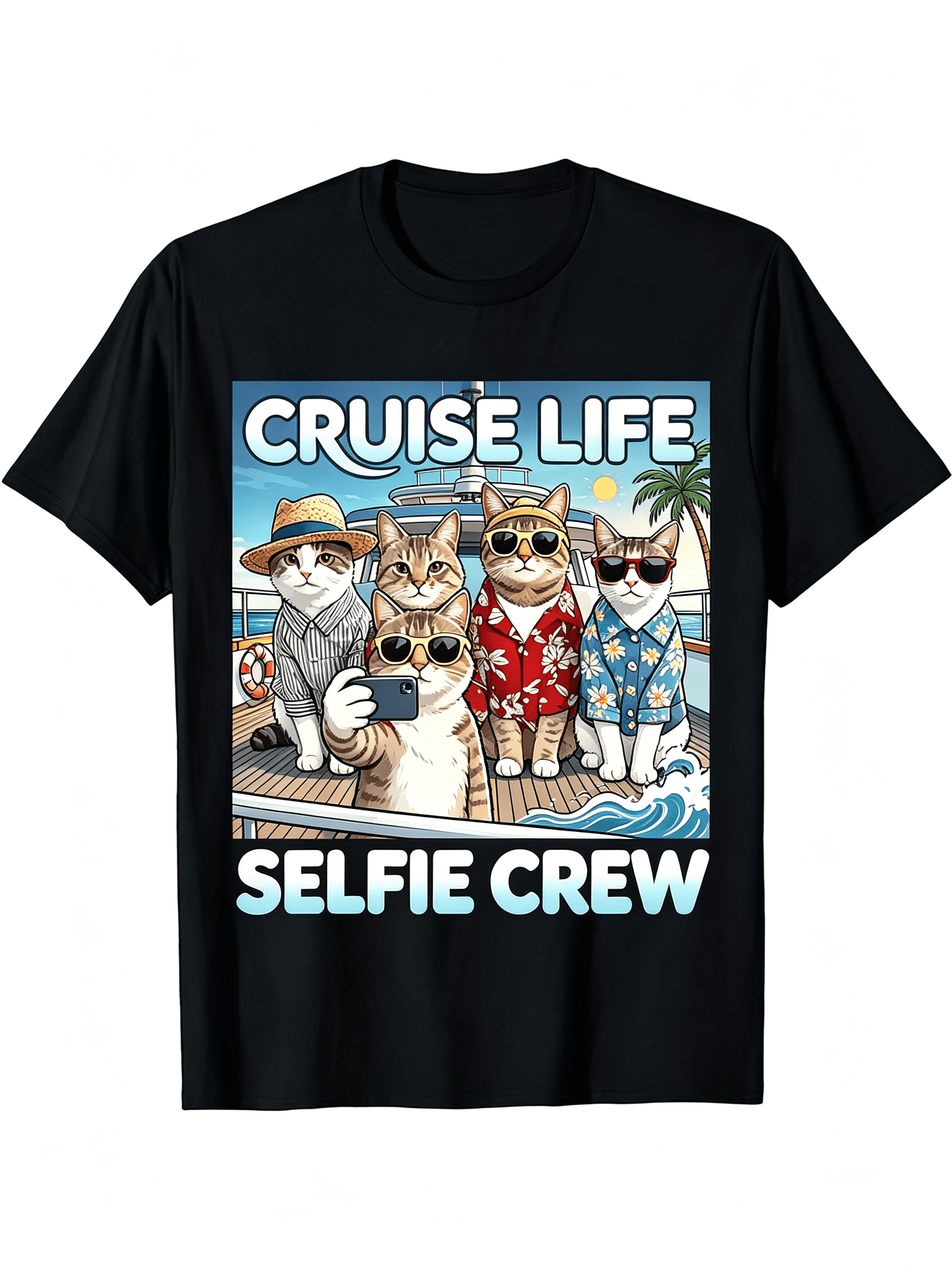 Funny Vacation Hawaiian Cat Crew Selfie Print Casual Cotton Tee Men Women