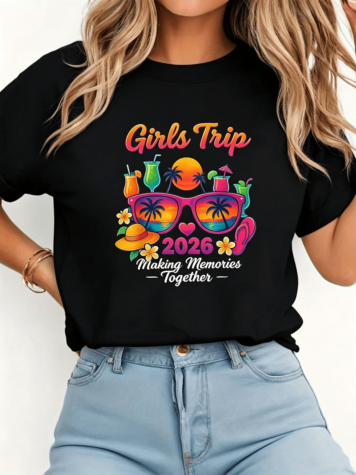 Girls Trip 2026 Tropical Cocktail Sunglasses Vacation T-Shirt