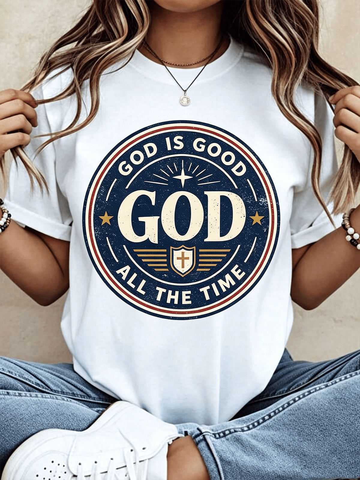 “God Is Good All The Time” Vintage Cross Circle T-Shirt – Christian Faith Graphic Tee for Women, Casual Religious Top