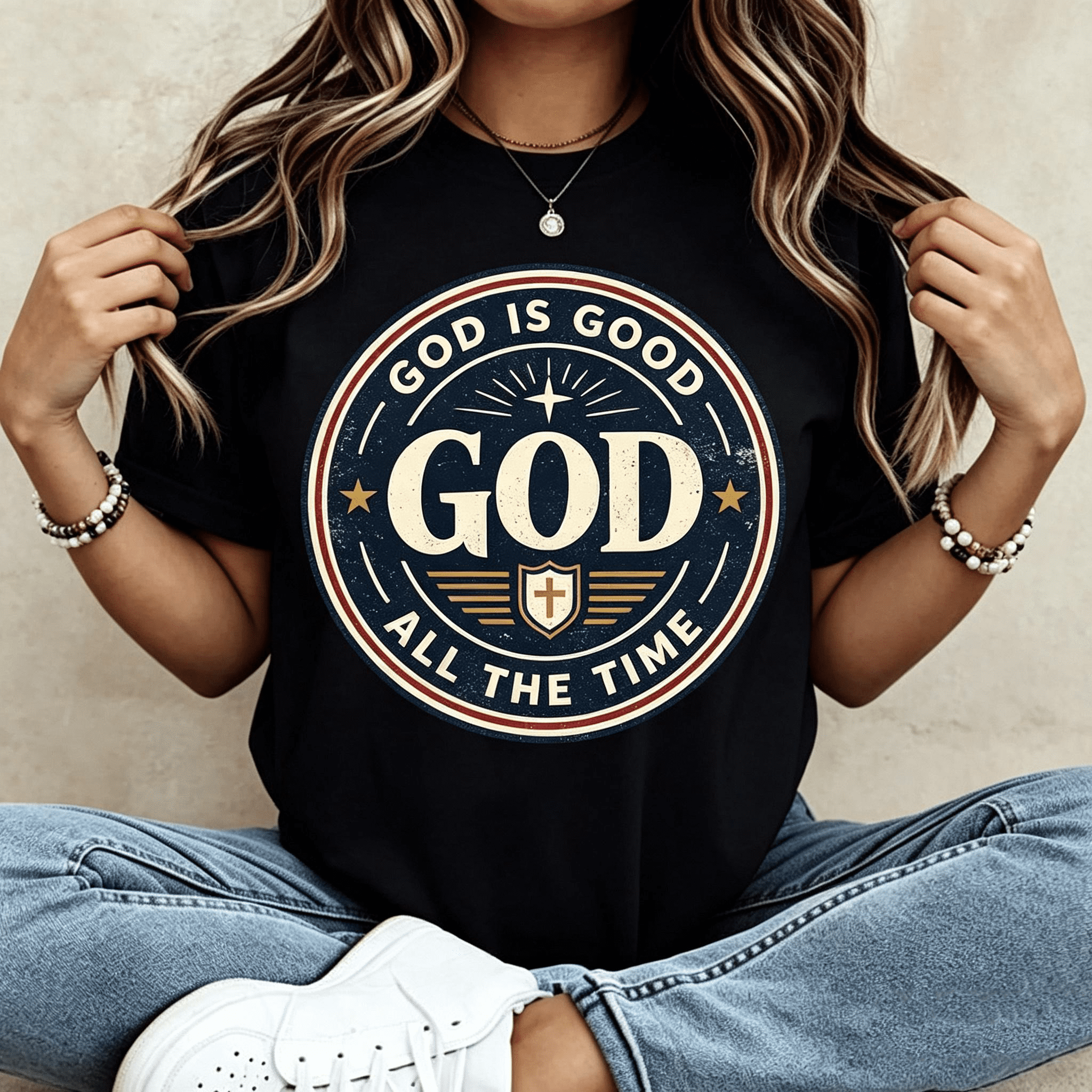 “God Is Good All The Time” Vintage Cross Circle T-Shirt – Christian Faith Graphic Tee for Women, Casual Religious Top
