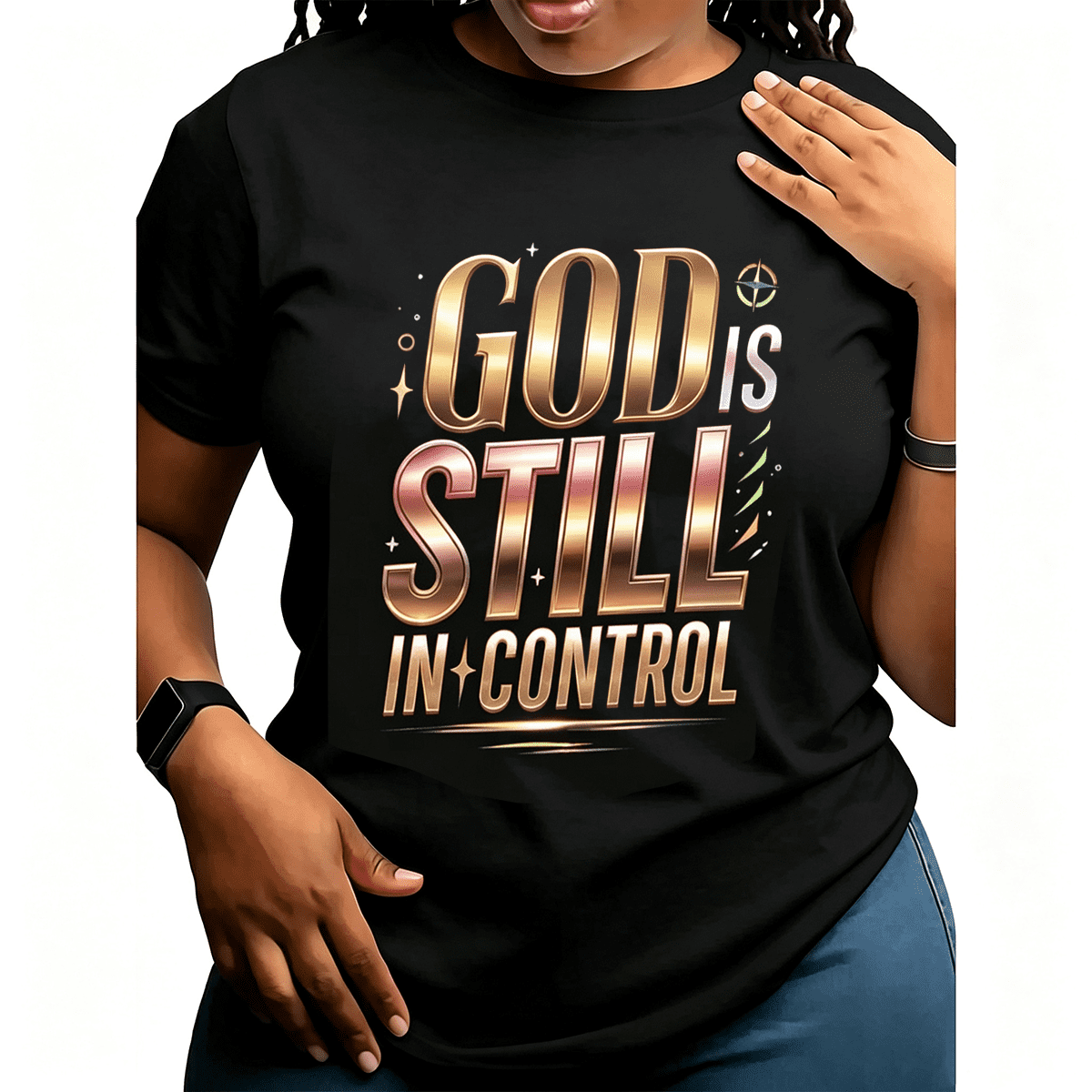 God Is Still In Control Shiny Metallic Letter Christian T-Shirt, Inspirational Religious Faith Statement Short Sleeve Top For Women