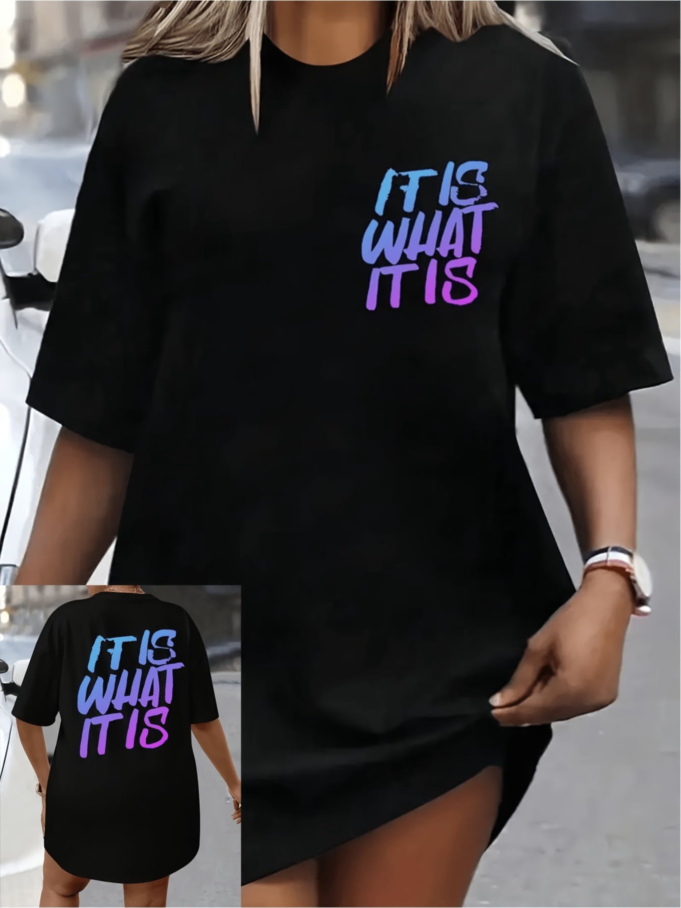 IT IS WHAT IT IS Gradient Print  Women'S T-Shirt Oversized Tee with Color Transition from Blue to Pink, Casual And Trendy Urban Style, Fashion Lovers Must, Vacation Clothing, Seasonal Fashion