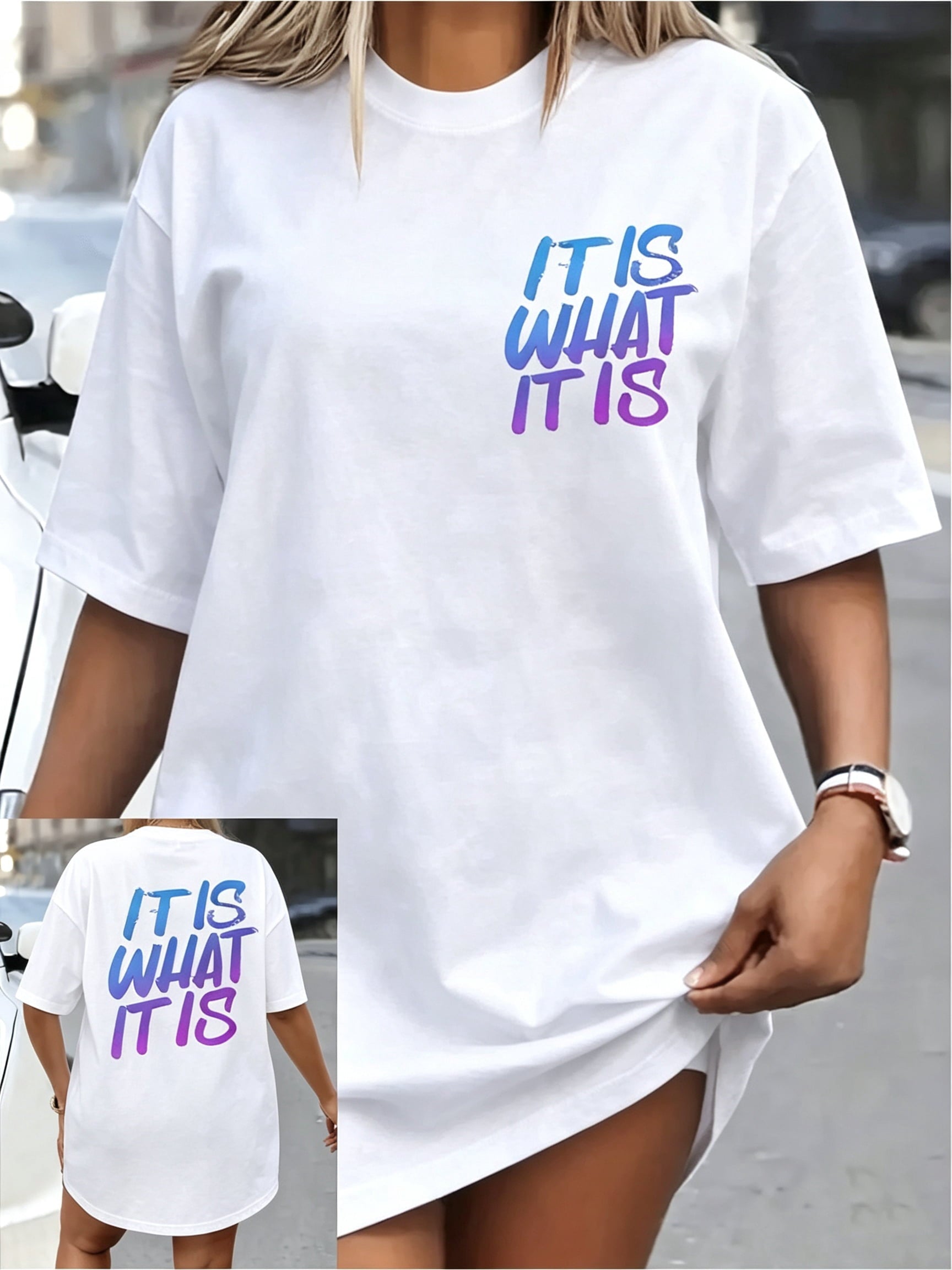 IT IS WHAT IT IS Gradient Print  Women'S T-Shirt Oversized Tee with Color Transition from Blue to Pink, Casual And Trendy Urban Style, Fashion Lovers Must, Vacation Clothing, Seasonal Fashion