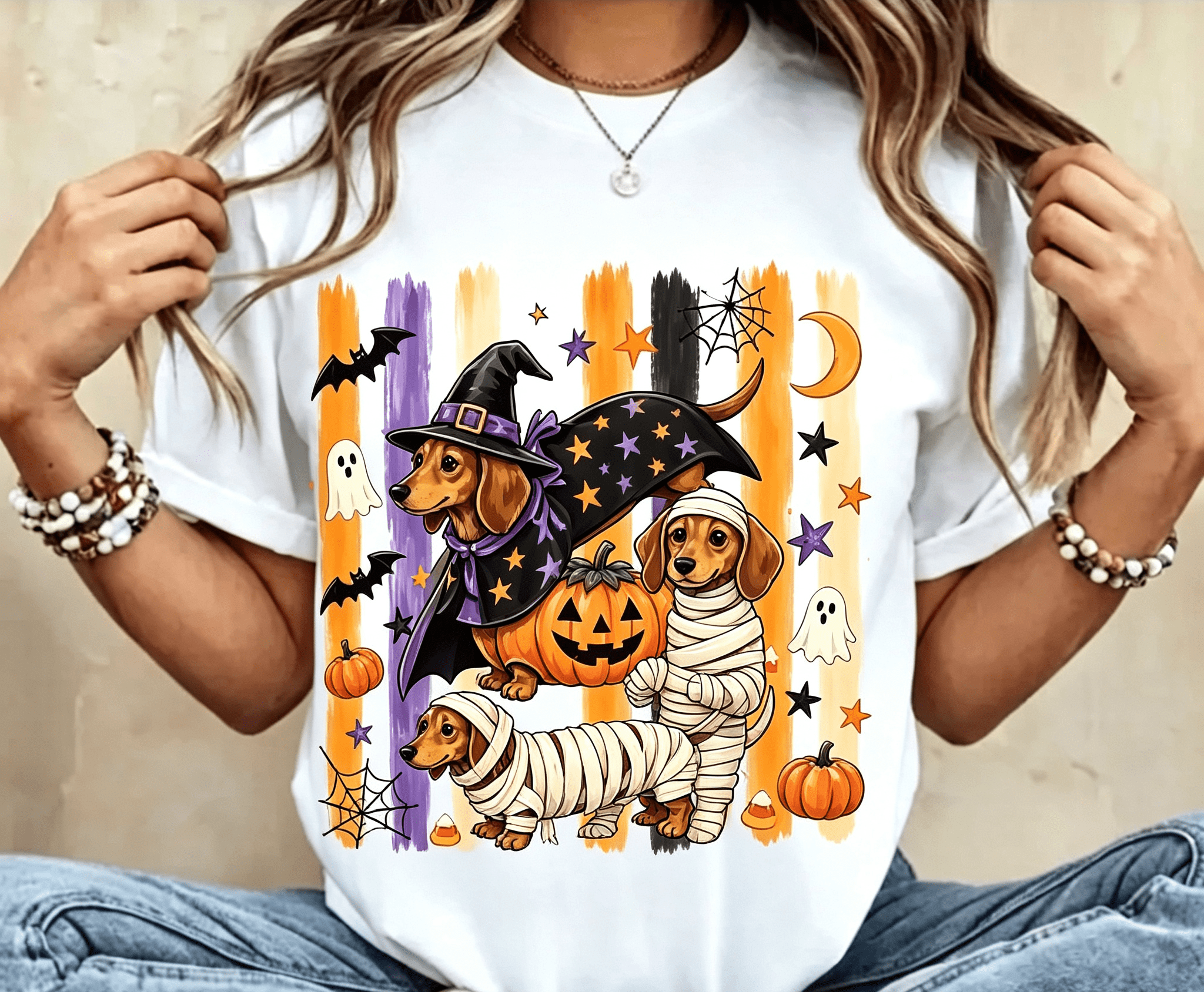 Halloween Dachshund Graphic T‑Shirt, Women Crew Neck Short Sleeve Tee, Witch & Mummy Dachshund Pumpkin Bat Ghost Print, Spooky Fall Casual Top, Dog Lover Halloween Party Gift