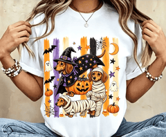 Halloween Dachshund Graphic T‑Shirt, Women Crew Neck Short Sleeve Tee, Witch & Mummy Dachshund Pumpkin Bat Ghost Print, Spooky Fall Casual Top, Dog Lover Halloween Party Gift