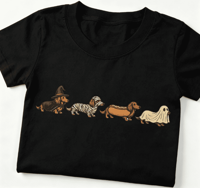 Halloween Dachshund Wiener Dog Graphic T‑Shirt, Retro Fall Funny Dog Costume‑Style Print, Crew Neck Short Sleeve Cute Dog Lover Casual Halloween Tee