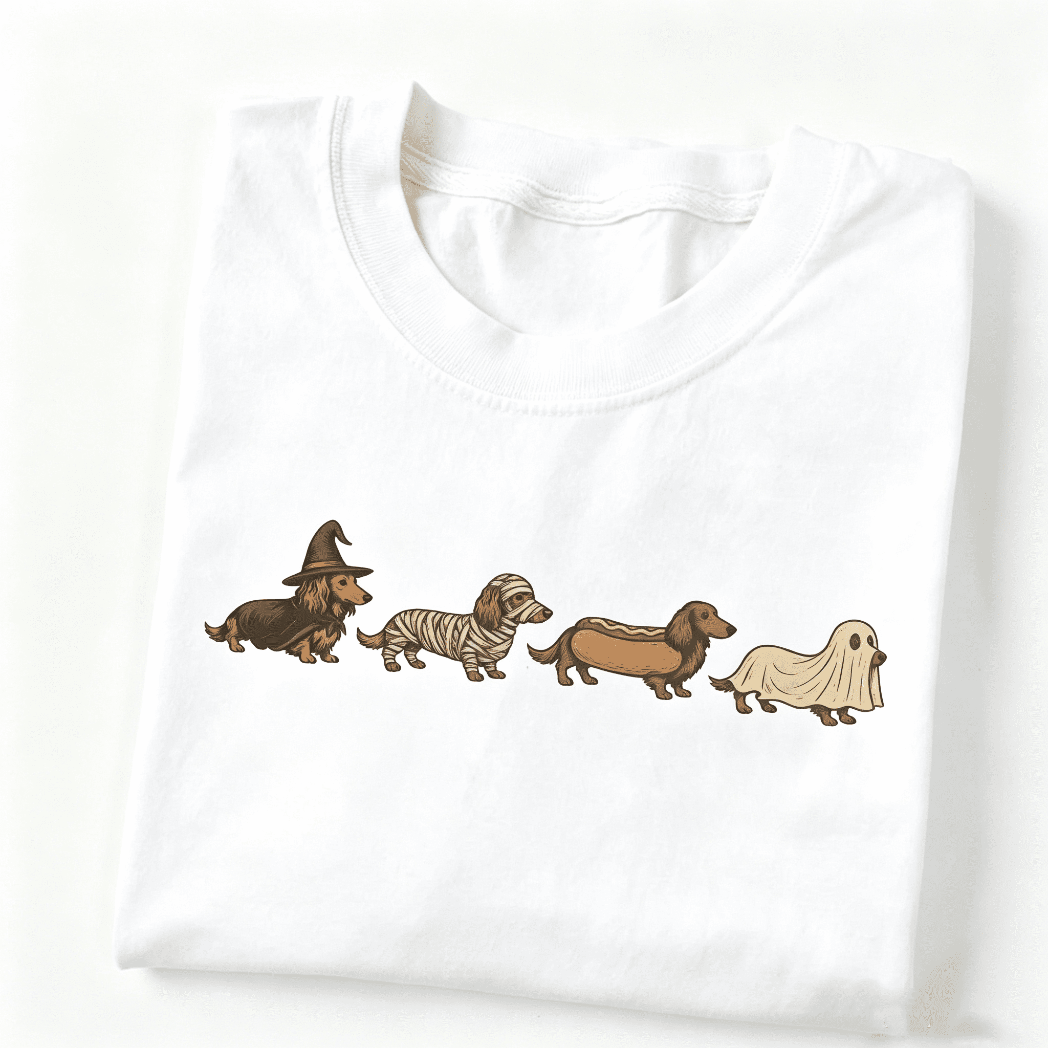 Halloween Dachshund Wiener Dog Graphic T‑Shirt, Retro Fall Funny Dog Costume‑Style Print, Crew Neck Short Sleeve Cute Dog Lover Casual Halloween Tee