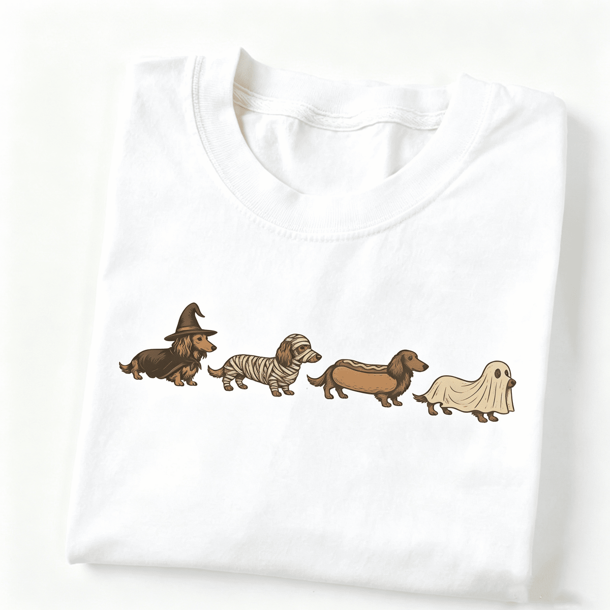 Halloween Dachshund Wiener Dog Graphic T‑Shirt, Retro Fall Funny Dog Costume‑Style Print, Crew Neck Short Sleeve Cute Dog Lover Casual Halloween Tee