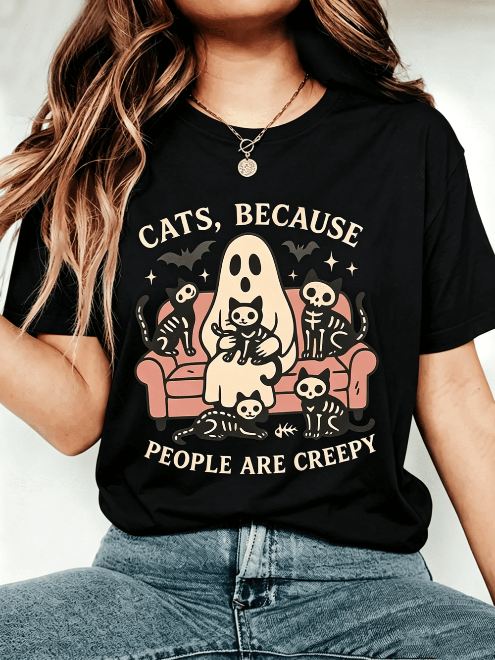 Halloween Ghost Skeleton Cats T-Shirt for Women Cats Because People Are Creepy Graphic Short Sleeve Tee
