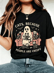Halloween Ghost Skeleton Cats T-Shirt for Women Cats Because People Are Creepy Graphic Short Sleeve Tee