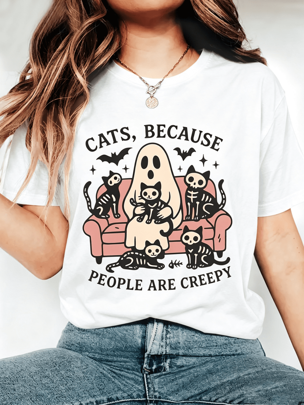 Halloween Ghost Skeleton Cats T-Shirt for Women Cats Because People Are Creepy Graphic Short Sleeve Tee