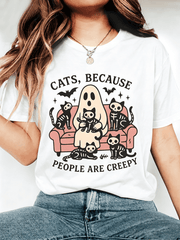 Halloween Ghost Skeleton Cats T-Shirt for Women Cats Because People Are Creepy Graphic Short Sleeve Tee