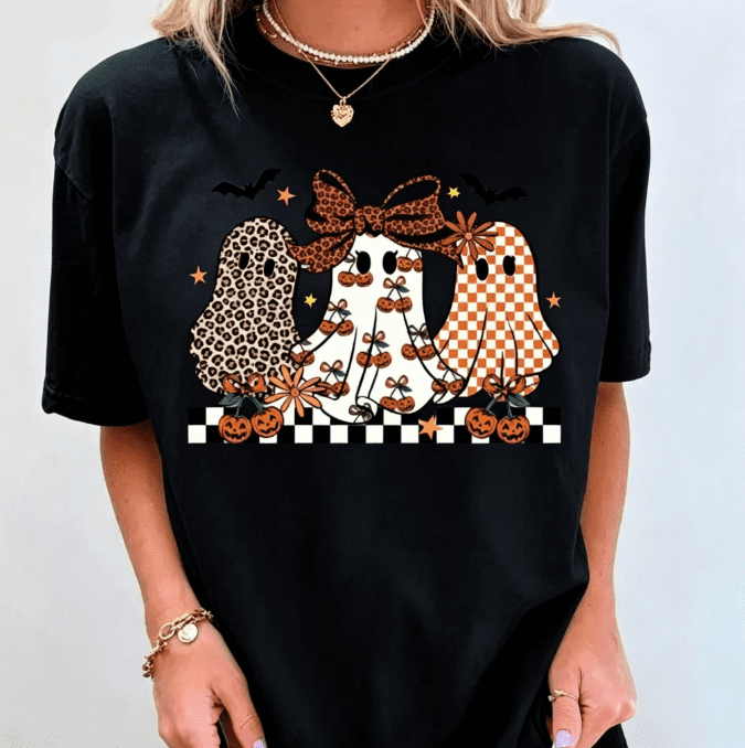 Halloween Ghost T-Shirt, Coquette Leopard Checkered Ghost Graphic Tee, Cute Spooky Season Top, Pumpkin Season Fall Shirt For Women