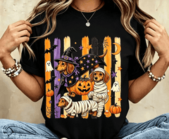 Halloween Dachshund Graphic T‑Shirt, Women Crew Neck Short Sleeve Tee, Witch & Mummy Dachshund Pumpkin Bat Ghost Print, Spooky Fall Casual Top, Dog Lover Halloween Party Gift