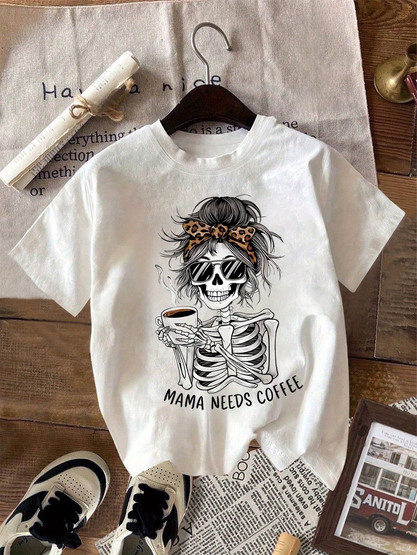 Halloween Mama Needs Coffee T Shirt for Women Leopard Bow Skeleton Graphic Short Sleeve Tee