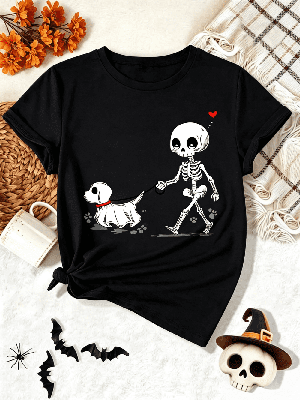Halloween T-Shirt for Women Skeleton Walking Ghost Puppy Heart Graphic Fall Holiday Tee