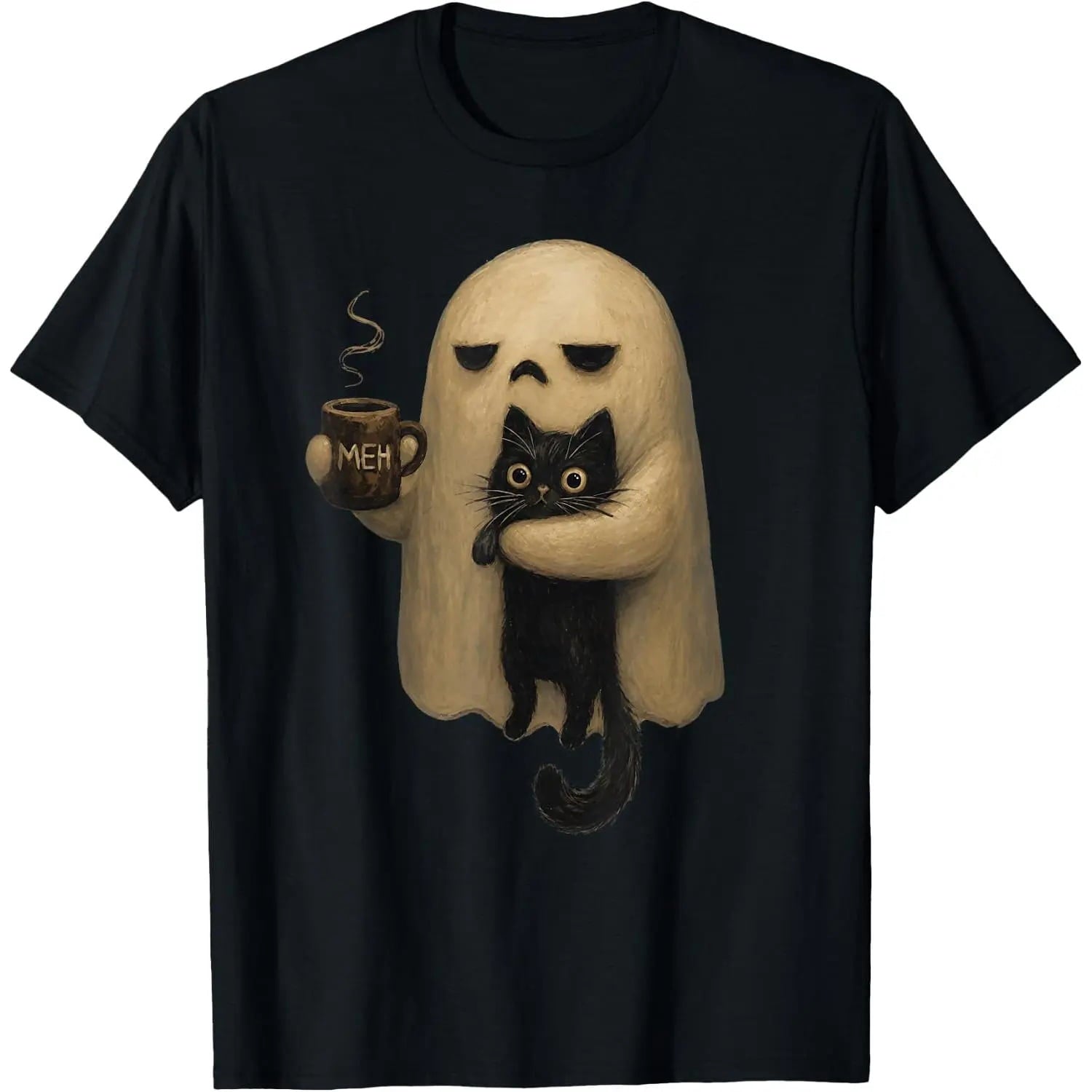 Halloween T-shirts, ChristmasSpooky Ghost Holding Black Cat Coffee Lover Funny Halloween
