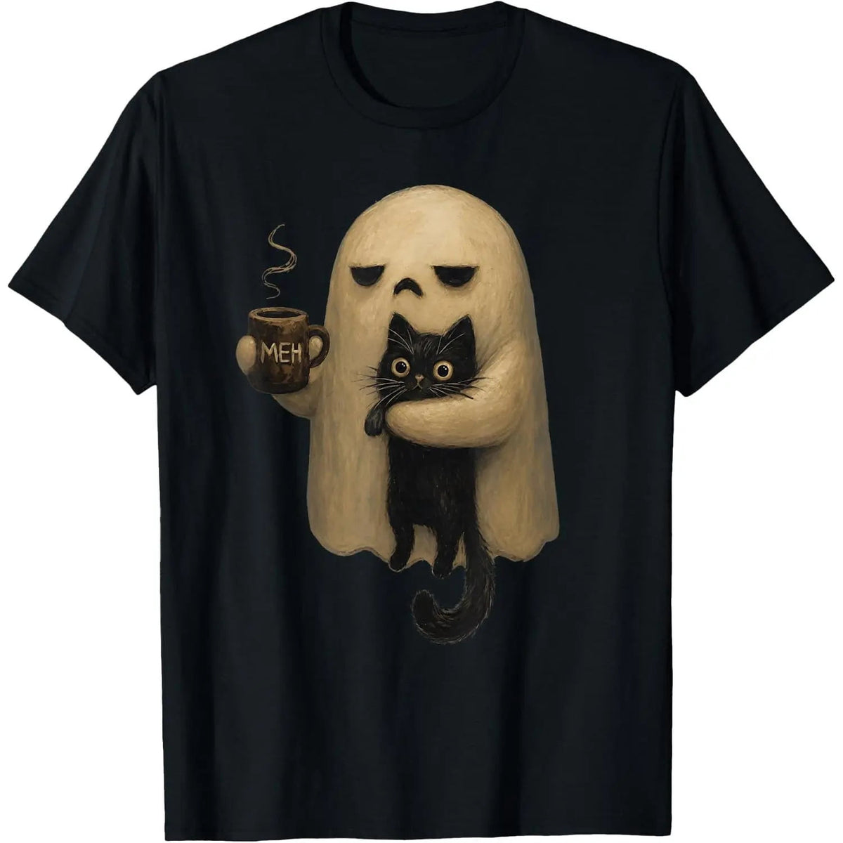 Halloween T-shirts, ChristmasSpooky Ghost Holding Black Cat Coffee Lover Funny Halloween
