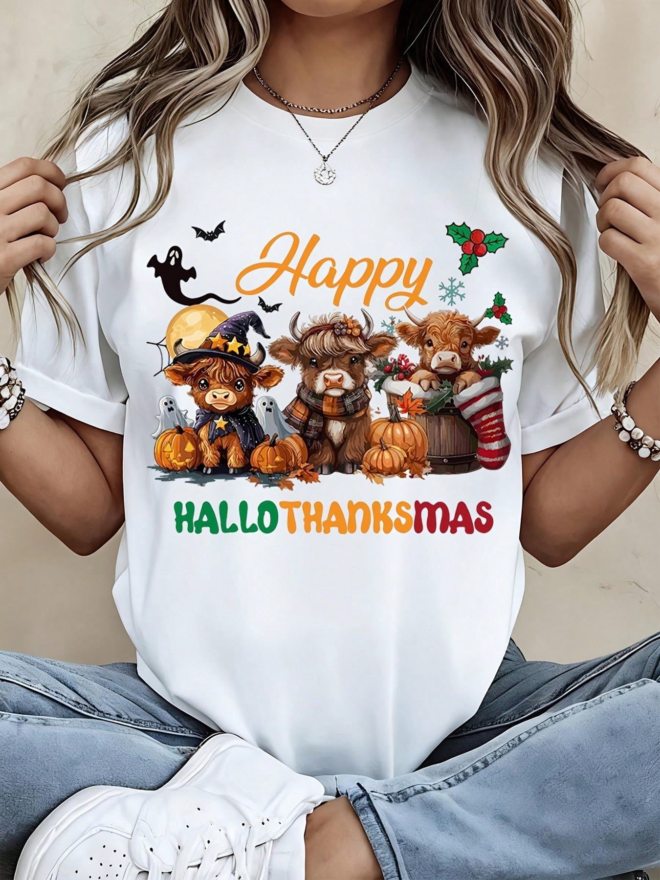 Happy Hallothanksmas Highland Cow Halloween Thanksgiving Christmas Graphic Tee Women Funny Holiday Seasonal Cute Animal Shirt