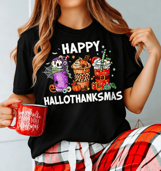 Happy Hallothanksmas T-Shirt, Halloween Thanksgiving Christmas Holiday Season Shirt, Funny Fall Graphic Tee, Autumn Coffee Gift Top